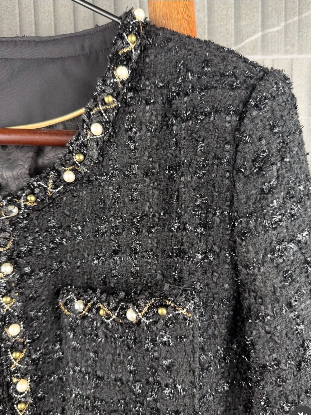 Black Bouclé Pearl-Trim Jacket